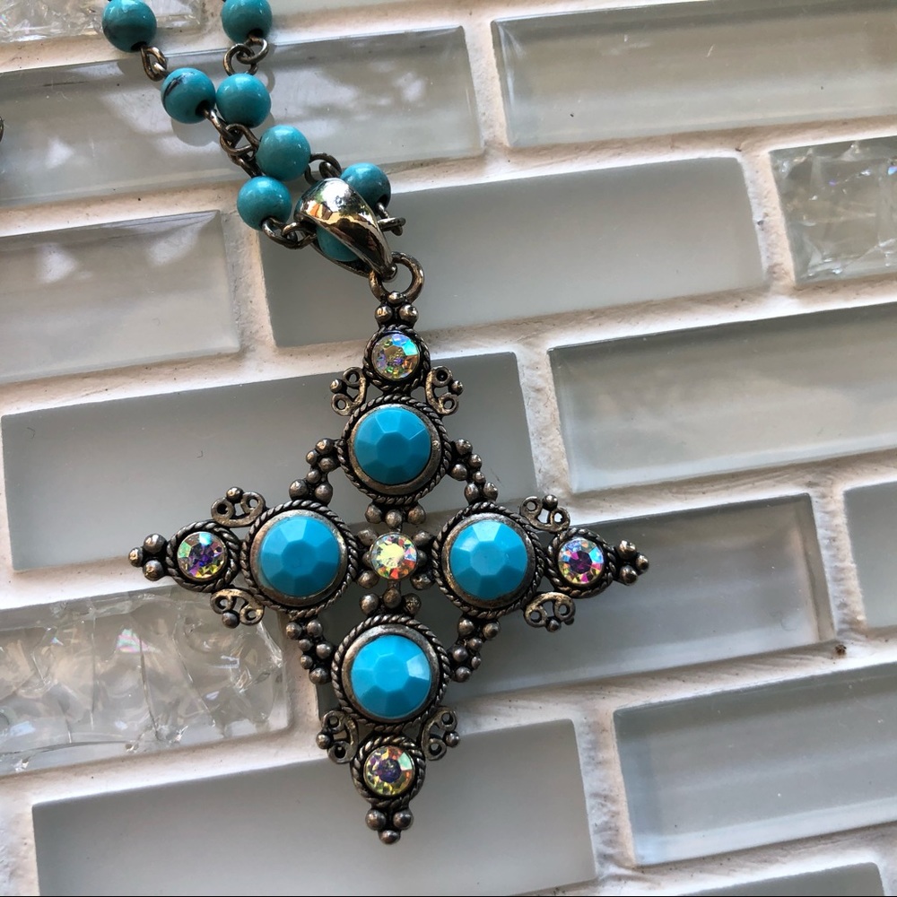 Blue Turquoise BOHO NECKLACES Cross Pendant Statement Beaded Long Chain